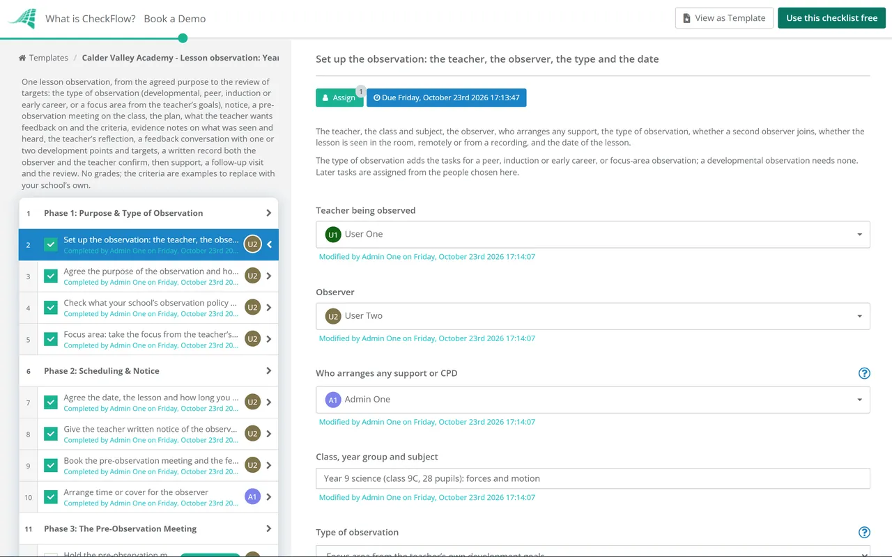 Live demo of the Teacher Observation Checklist in CheckFlow