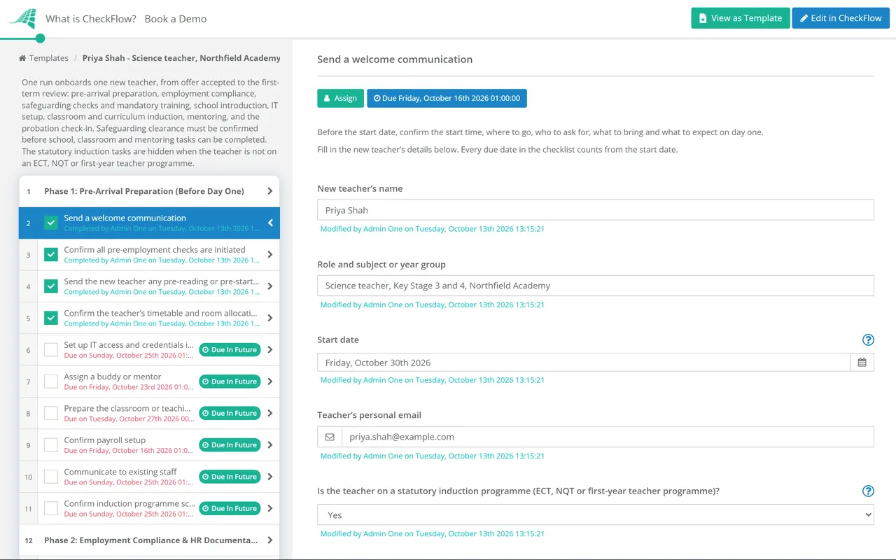 Live demo of the Teacher Onboarding Workflow Checklist in CheckFlow