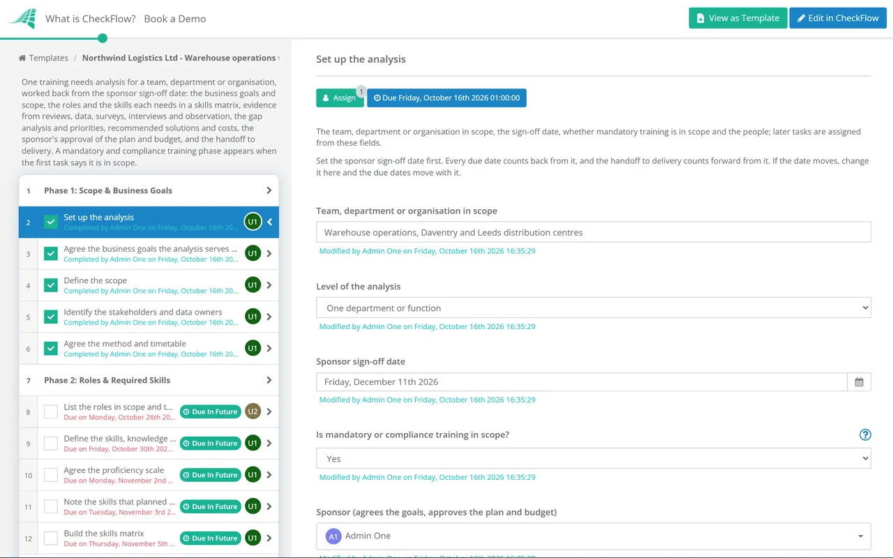Live demo of the Training Needs Analysis Checklist in CheckFlow