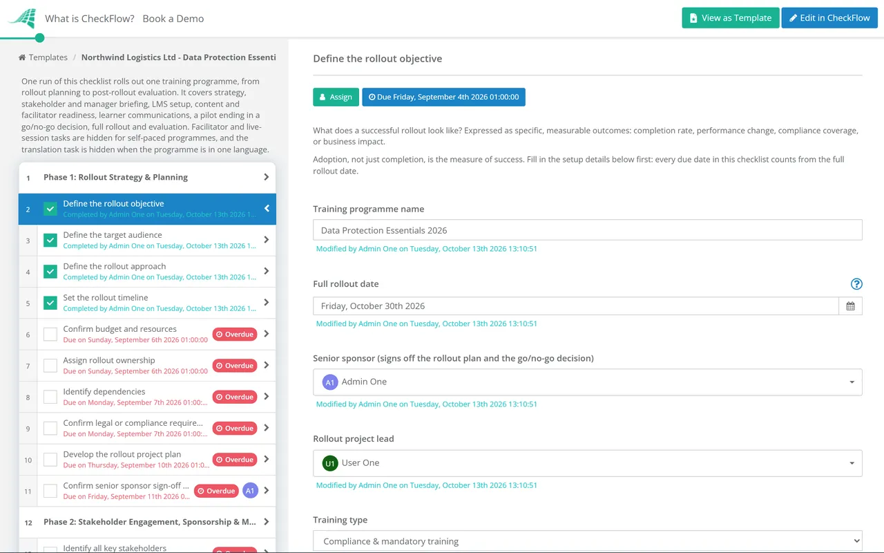 Live demo of the Training Program Rollout Checklist in CheckFlow