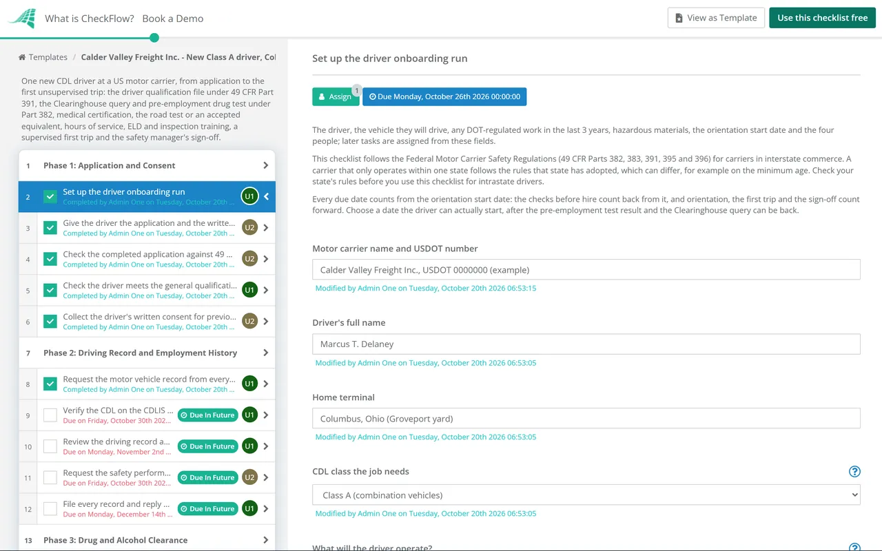Live demo of the Commercial Driver Onboarding Checklist in CheckFlow
