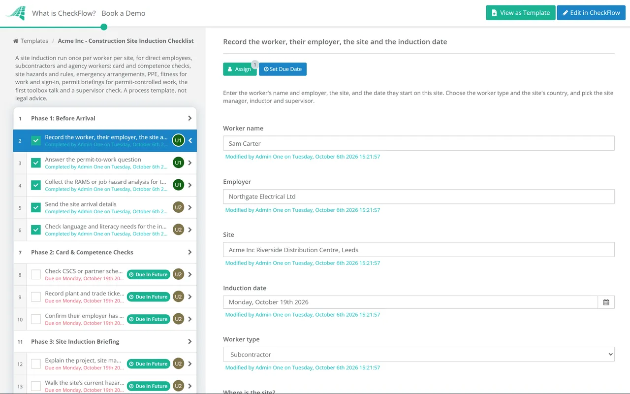 Live demo of the Construction Site Induction Checklist in CheckFlow