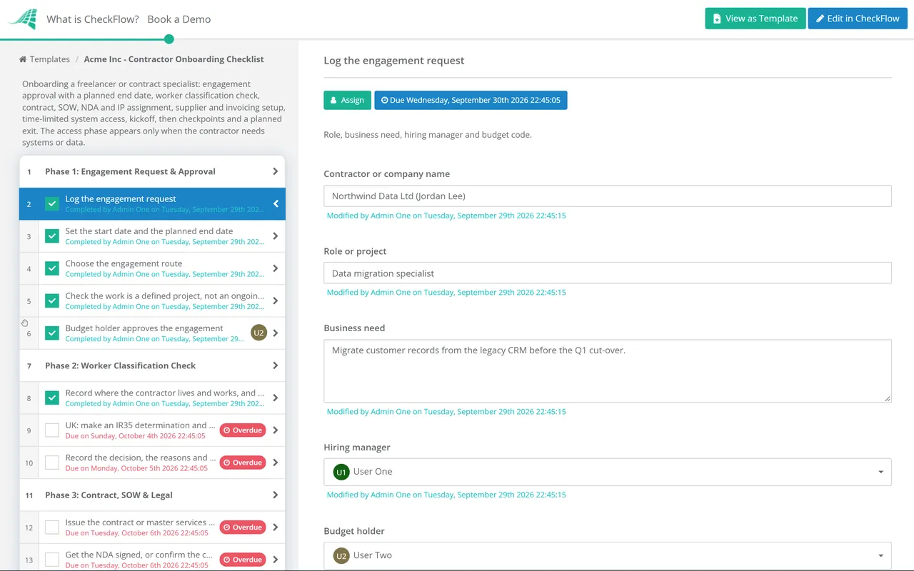 Live demo of the Contractor Onboarding Checklist in CheckFlow