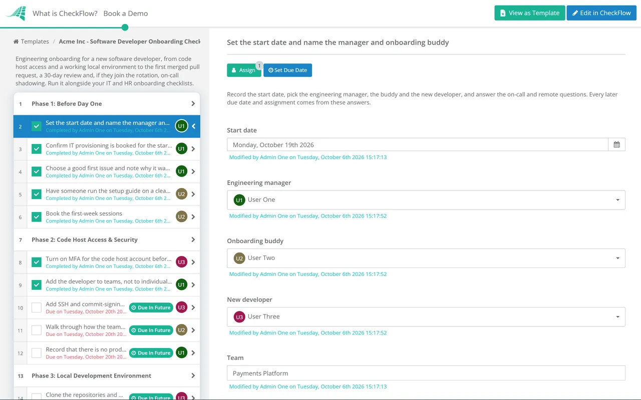 Live demo of the Software Developer Onboarding Checklist in CheckFlow