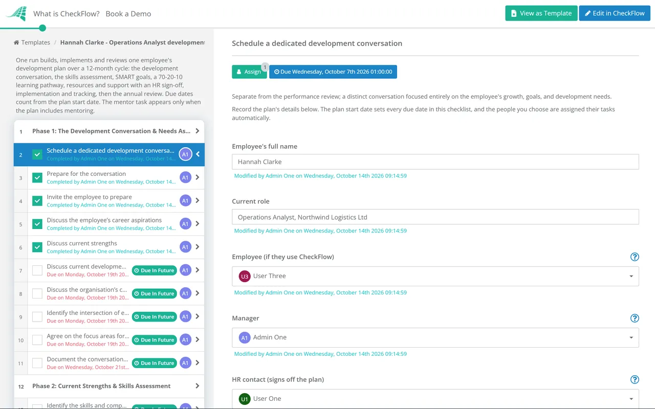 Live demo of the Employee Development Plan Checklist in CheckFlow