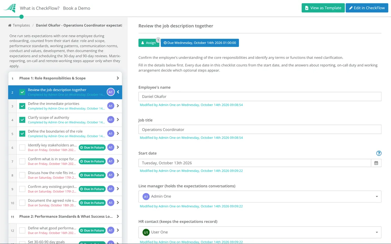 Live demo of the Employee Expectations Checklist in CheckFlow