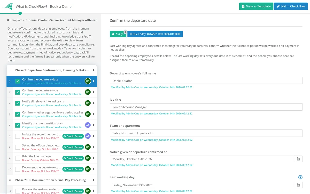 Live demo of the Employee Offboarding Checklist in CheckFlow