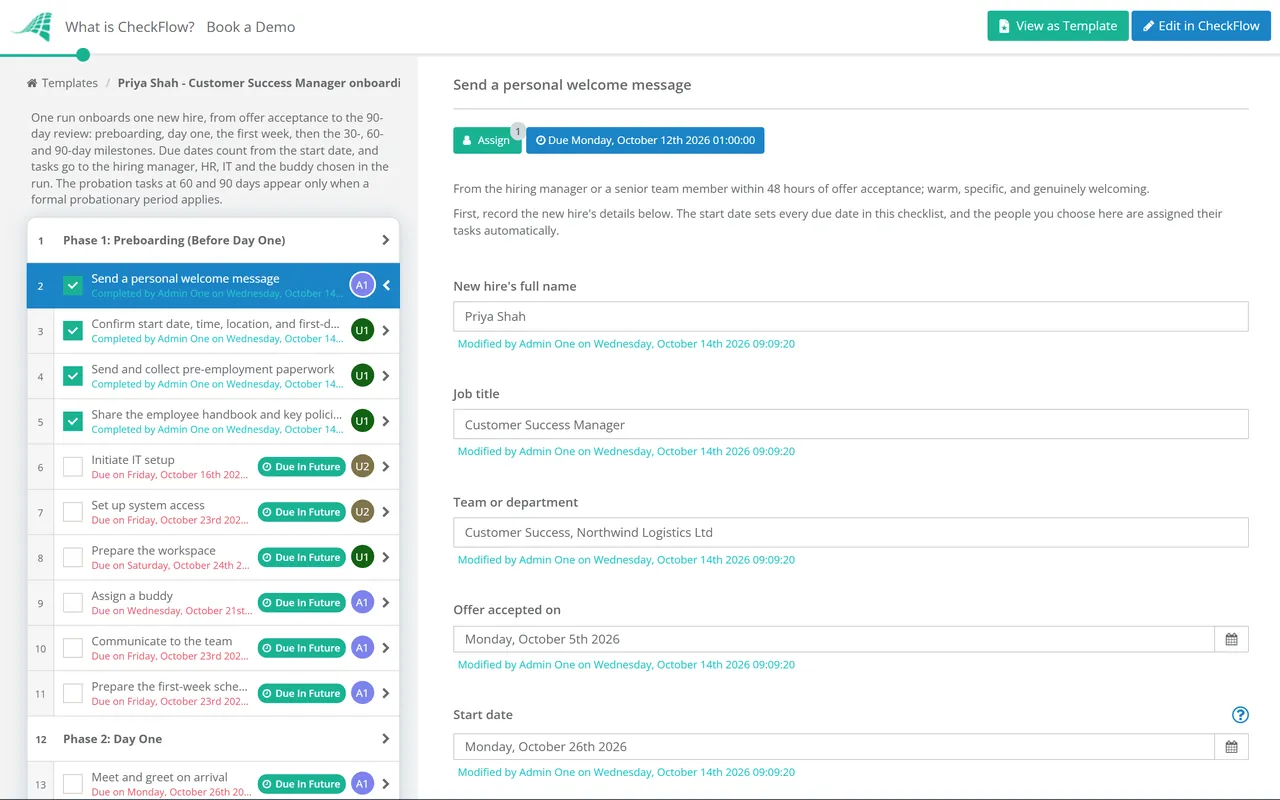 Live demo of the Employee Onboarding Checklist in CheckFlow