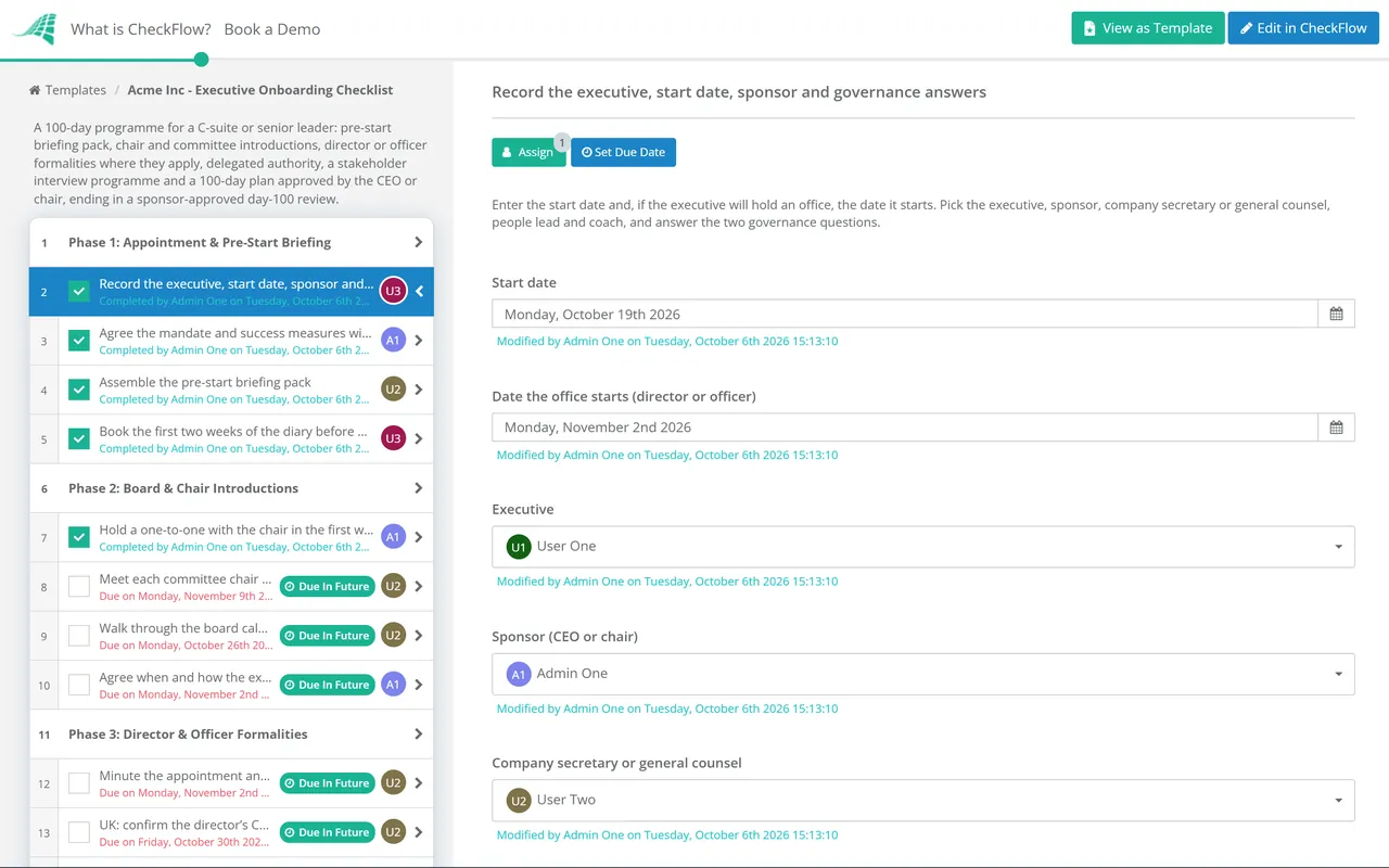 Live demo of the Executive Onboarding Checklist in CheckFlow