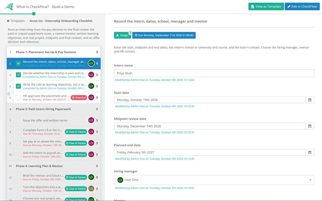 Live demo of the Internship Onboarding Checklist in CheckFlow