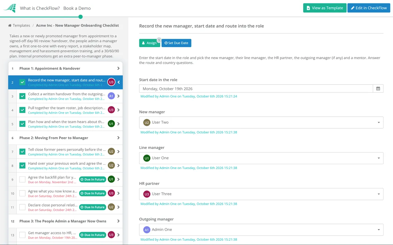 Live demo of the New Manager Onboarding Checklist in CheckFlow