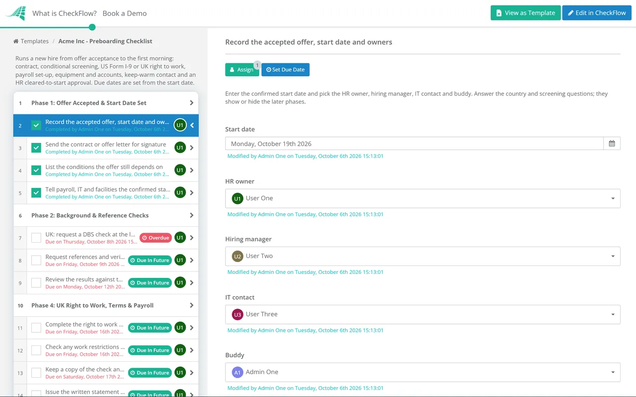 Live demo of the Preboarding Checklist in CheckFlow