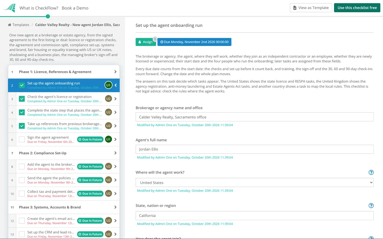 Live demo of the Real Estate Agent Onboarding Checklist in CheckFlow