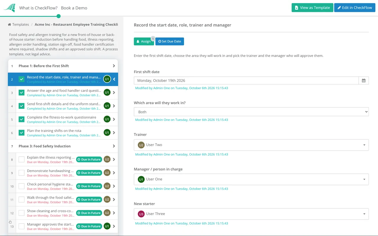 Live demo of the Restaurant Employee Training Checklist in CheckFlow