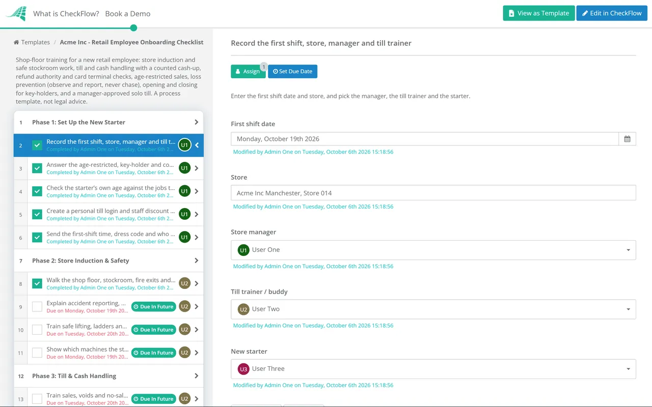 Live demo of the Retail Employee Onboarding Checklist in CheckFlow