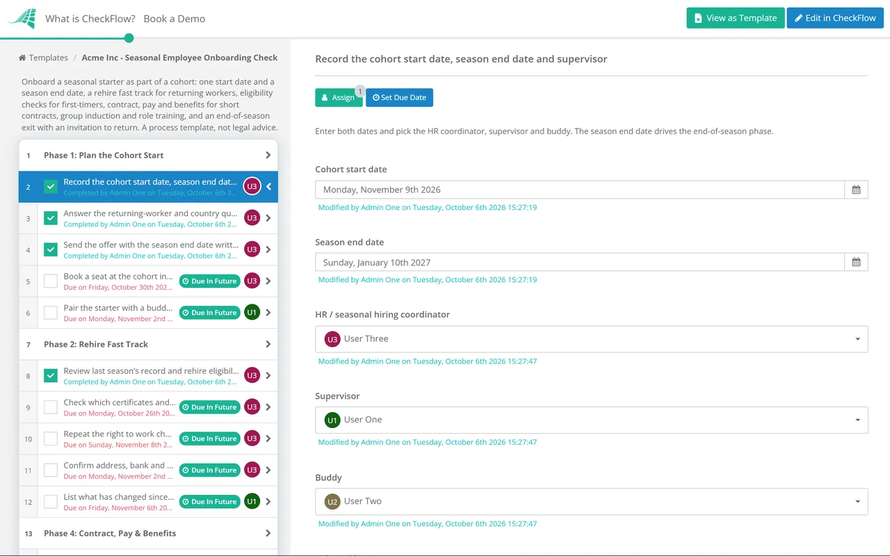 Live demo of the Seasonal Employee Onboarding Checklist in CheckFlow