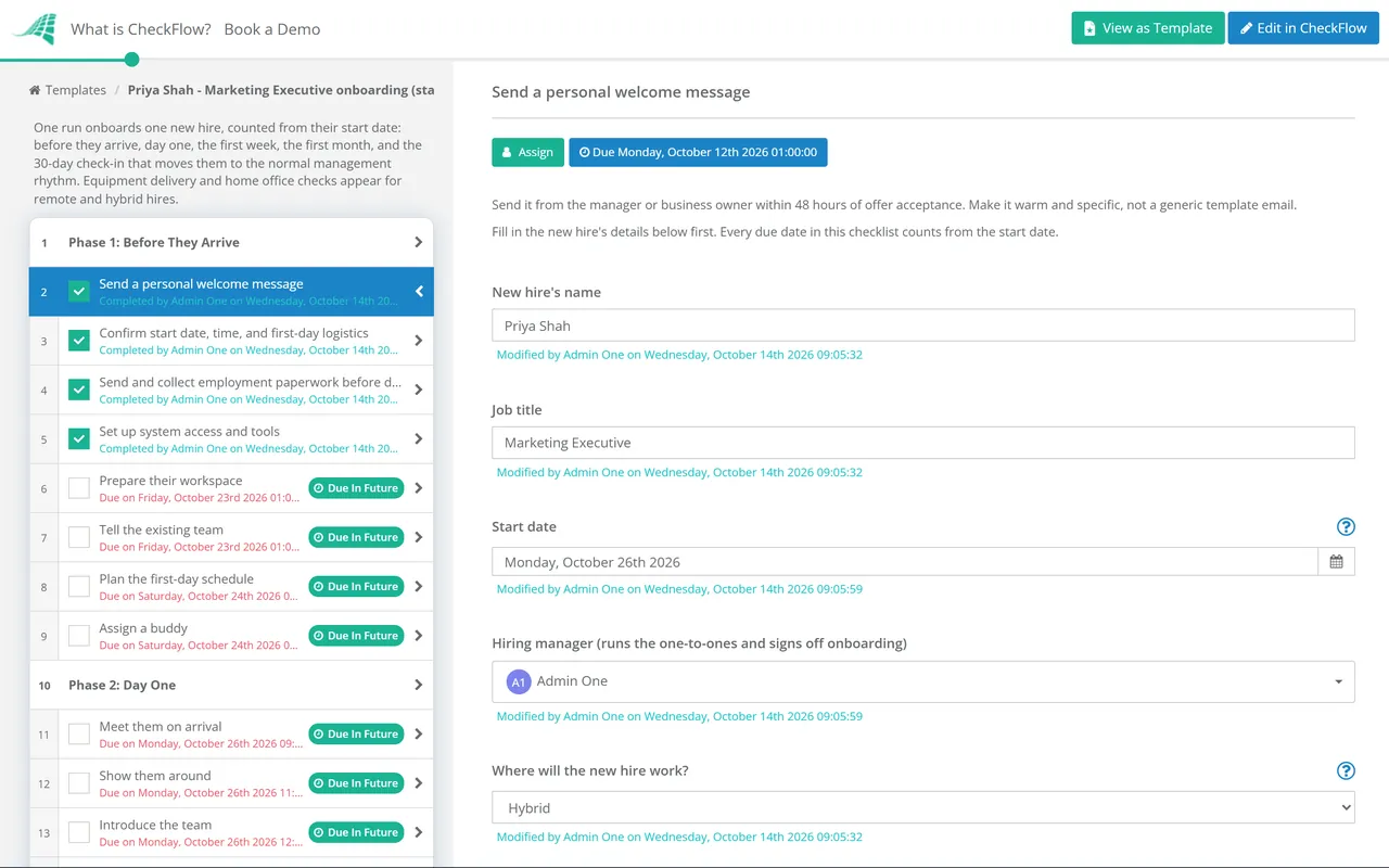 Live demo of the Simple Employee Onboarding Checklist in CheckFlow