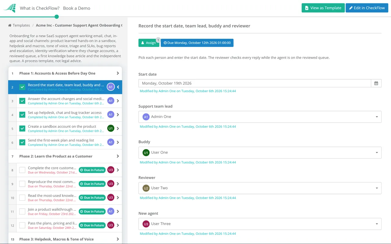 Live demo of the Customer Support Agent Onboarding Checklist in CheckFlow