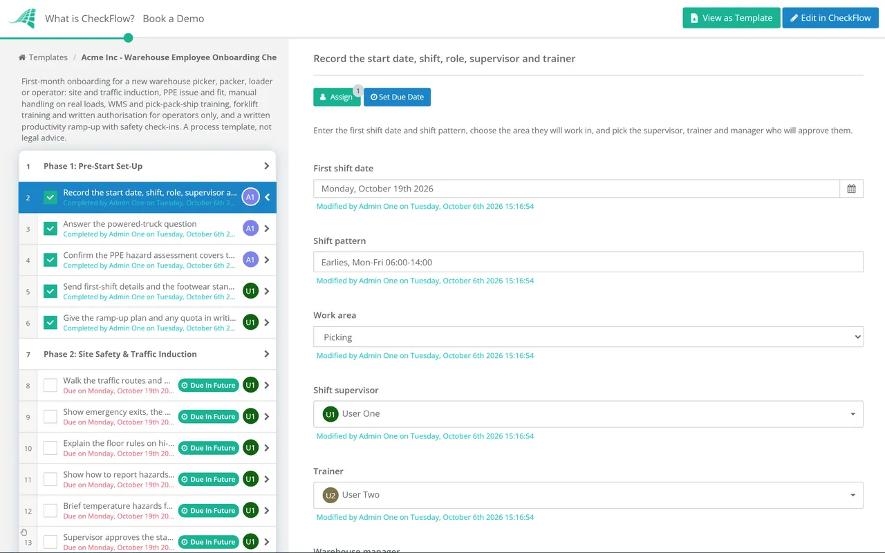 Live demo of the Warehouse Employee Onboarding Checklist in CheckFlow