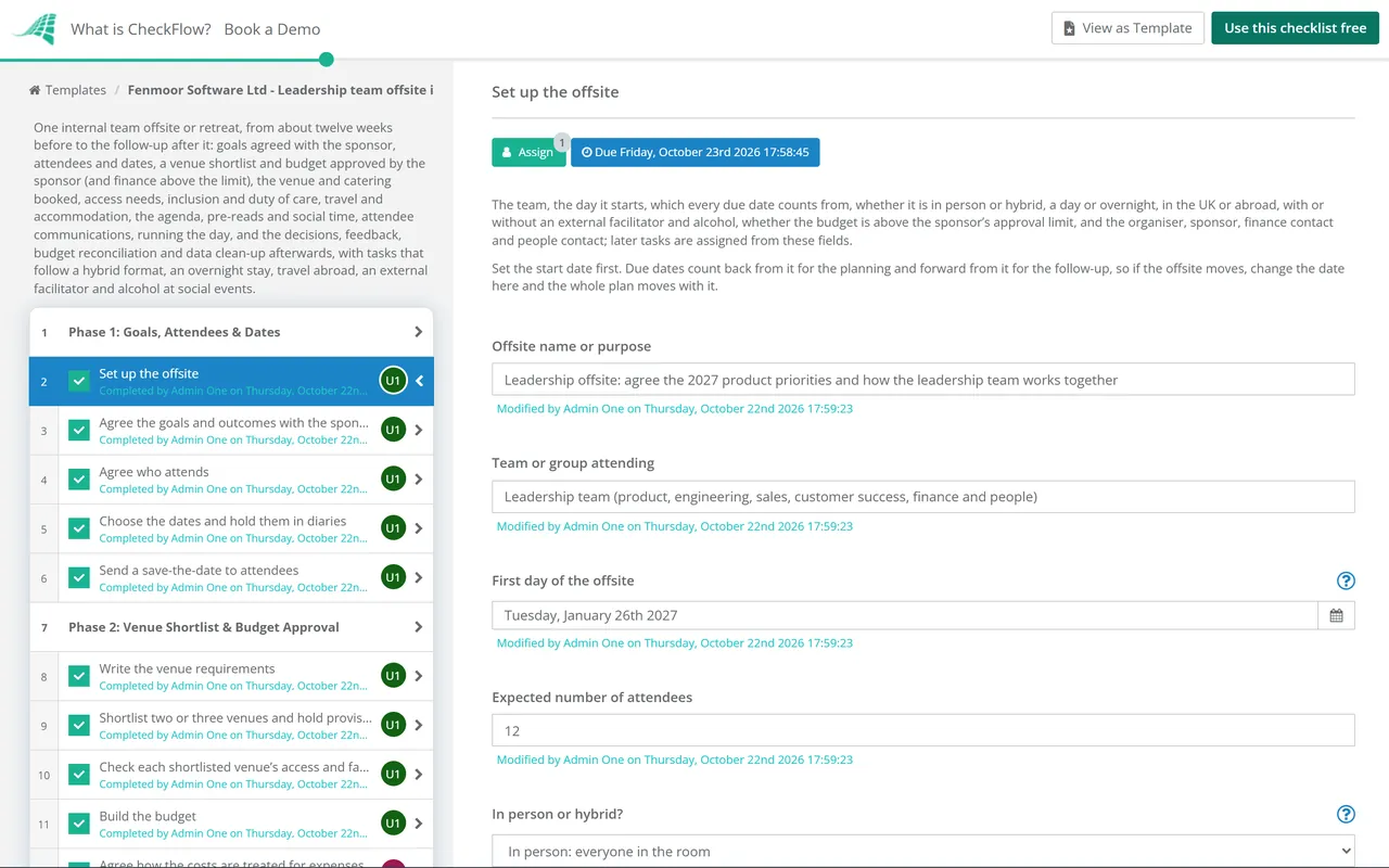 Live demo of the Company Offsite Planning Checklist in CheckFlow