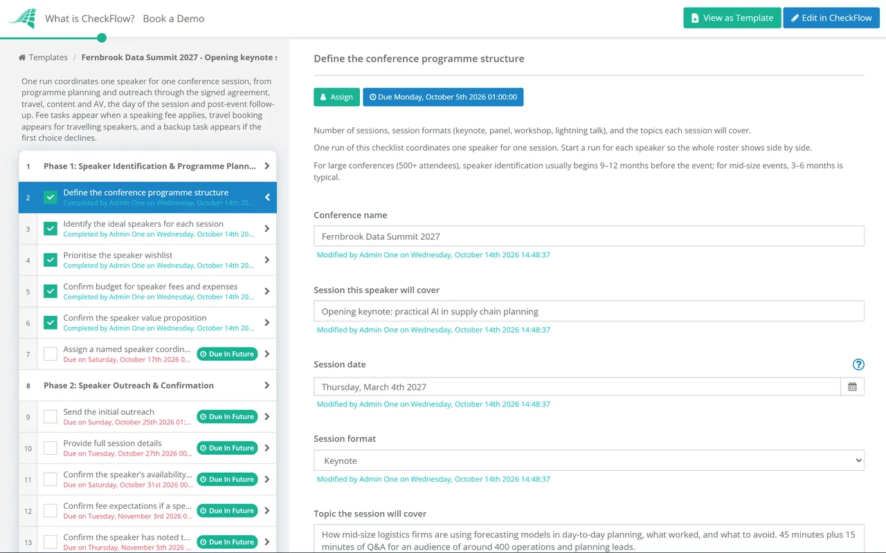 Live demo of the Conference Speaker Coordination Checklist in CheckFlow