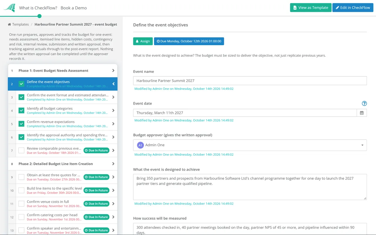 Live demo of the Event Budget Approval Checklist in CheckFlow