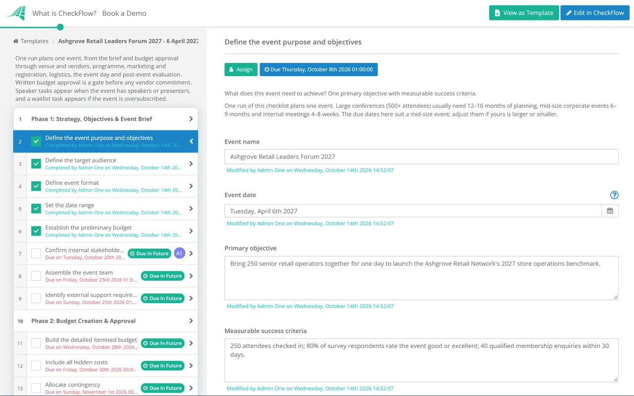 Live demo of the Event Planning Checklist in CheckFlow