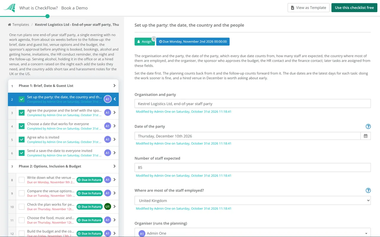 Live demo of the Office Holiday Party Planning Checklist in CheckFlow