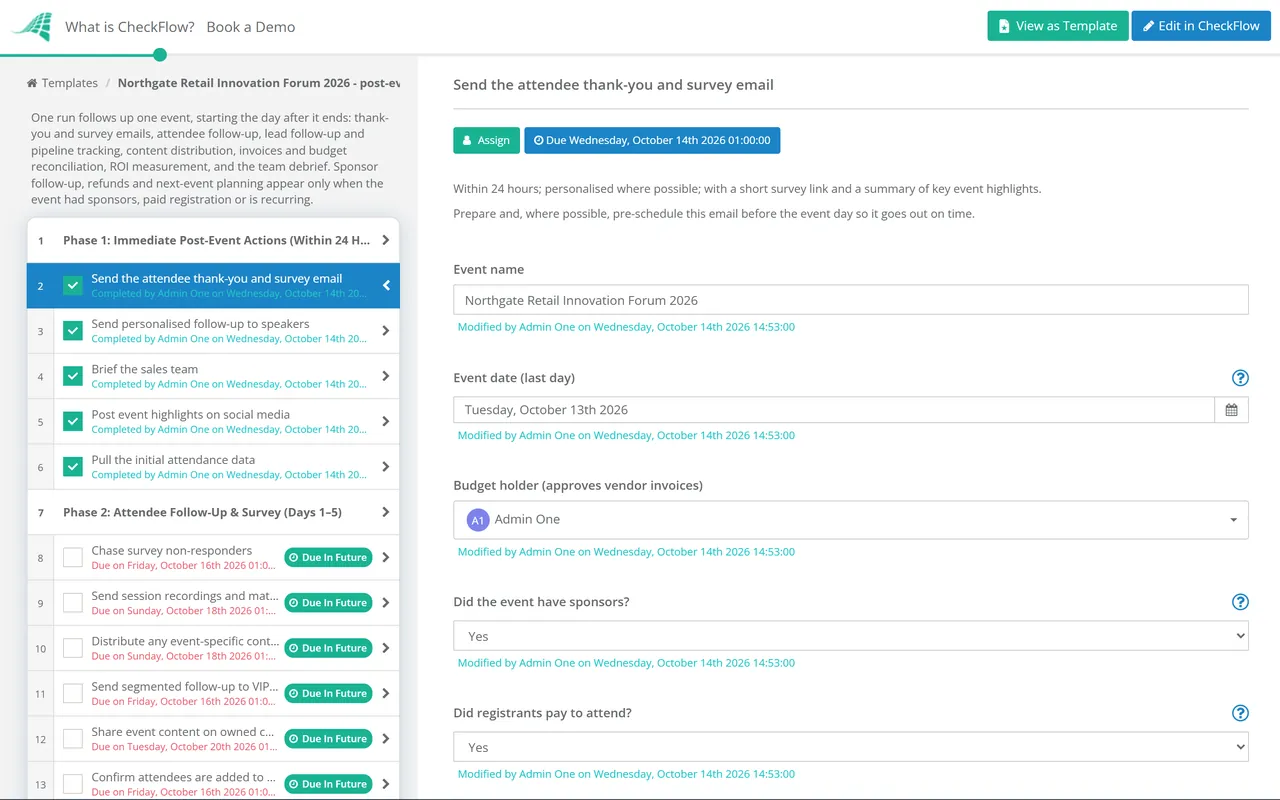 Live demo of the Post-Event Follow-Up Process Checklist in CheckFlow
