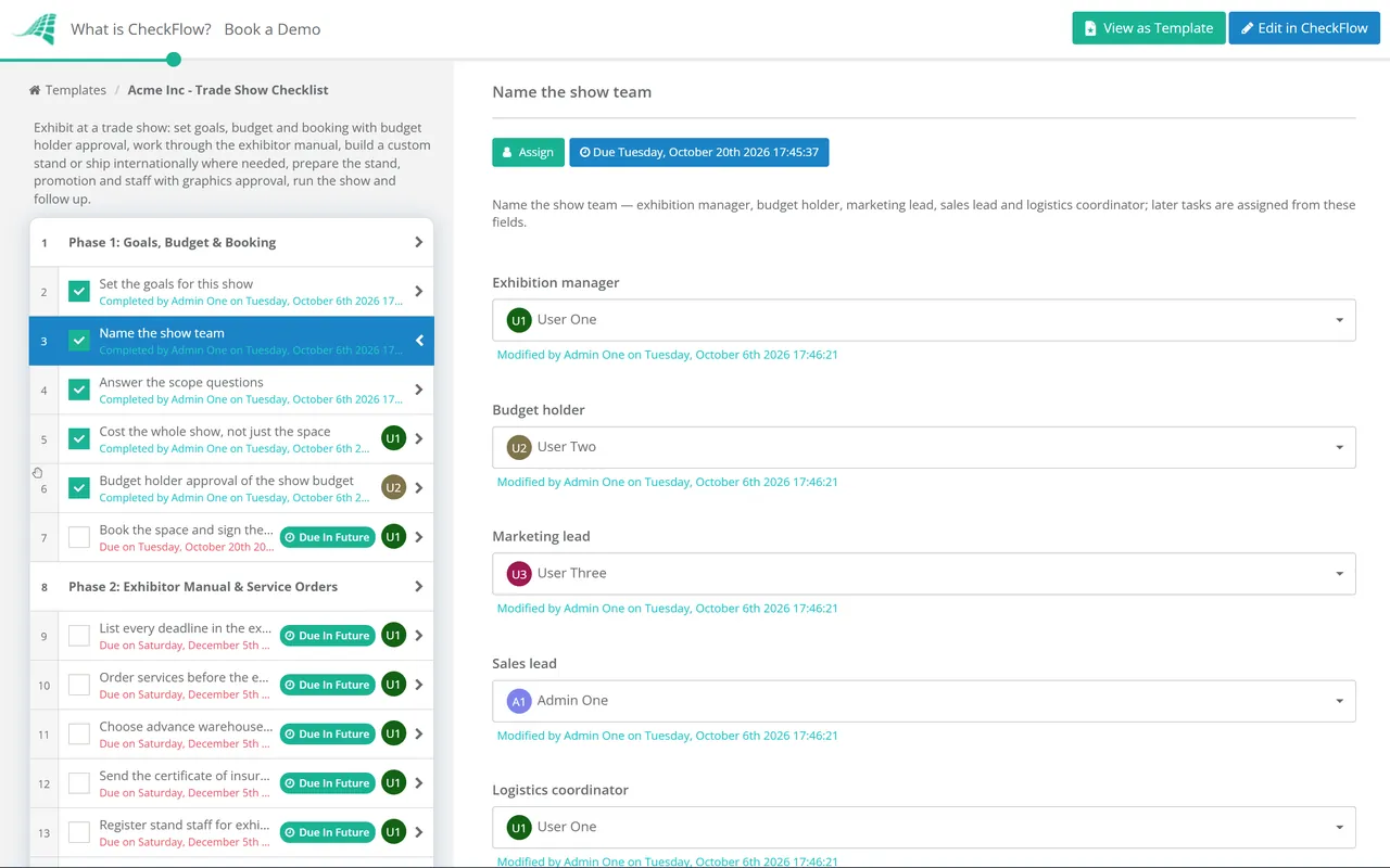Live demo of the Trade Show Checklist in CheckFlow