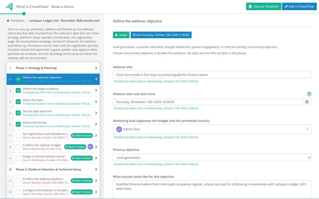 Live demo of the Webinar Setup & Promotion Checklist in CheckFlow