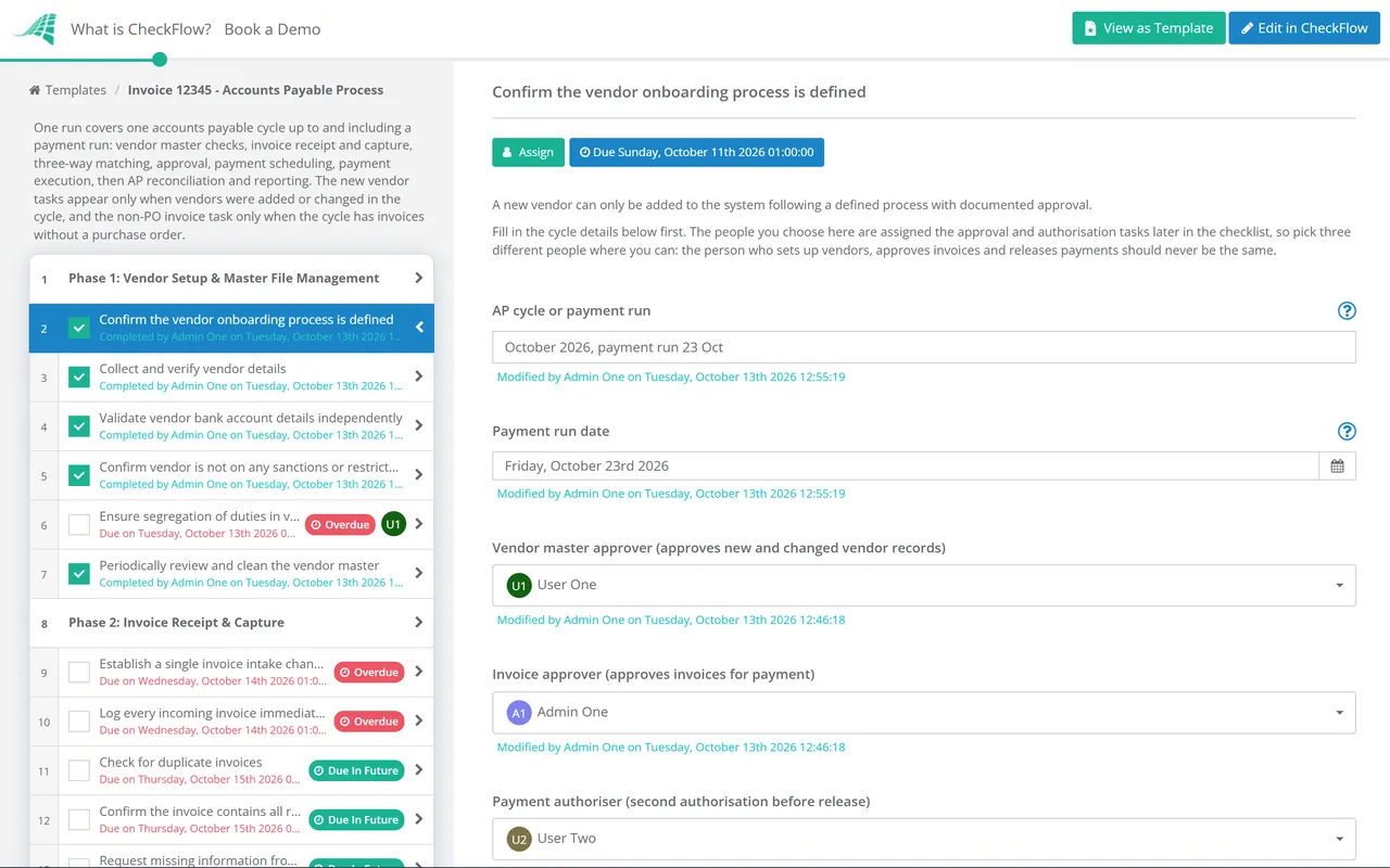 Live demo of the Accounts Payable Process Checklist in CheckFlow