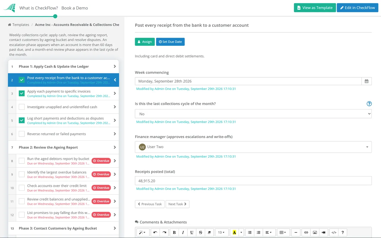 Live demo of the Accounts Receivable & Collections Checklist in CheckFlow