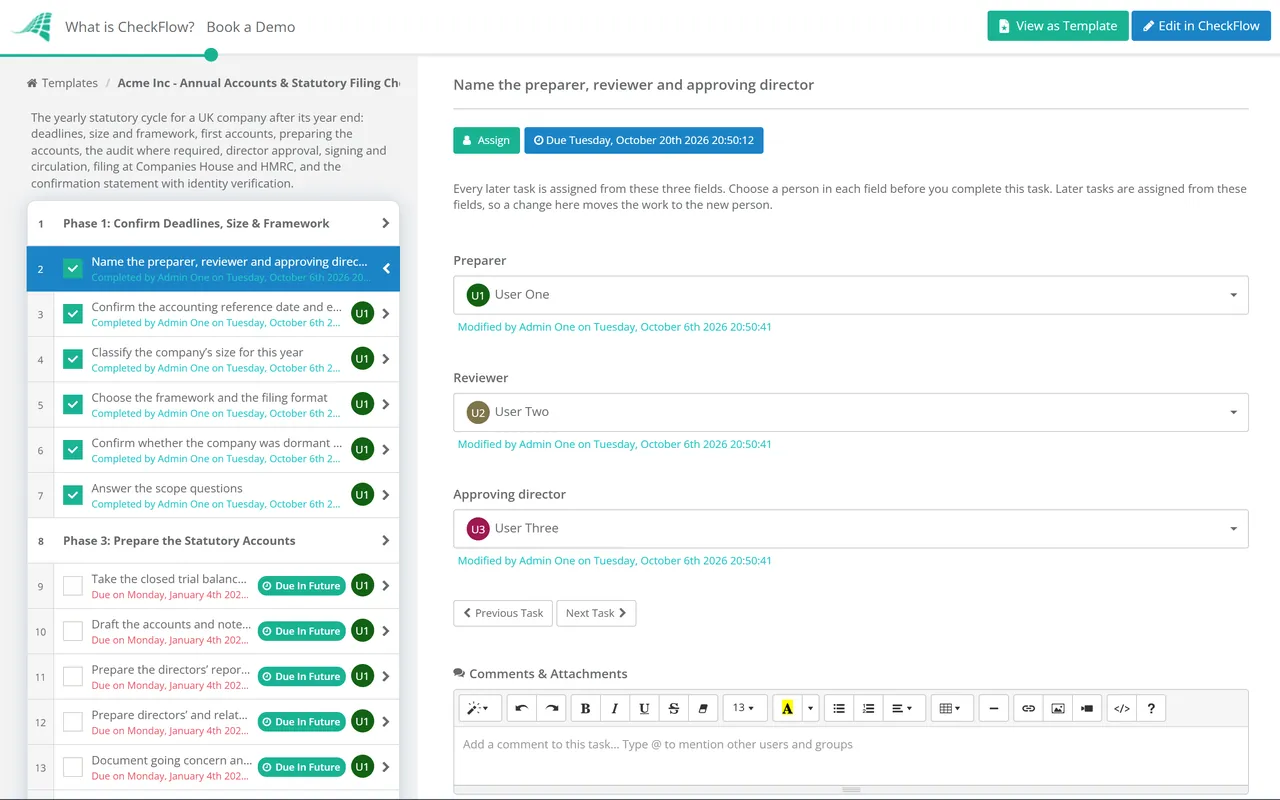 Live demo of the Annual Accounts & Statutory Filing Checklist Template (UK) in CheckFlow