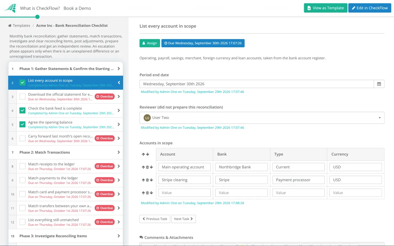 Live demo of the Bank Reconciliation Checklist in CheckFlow