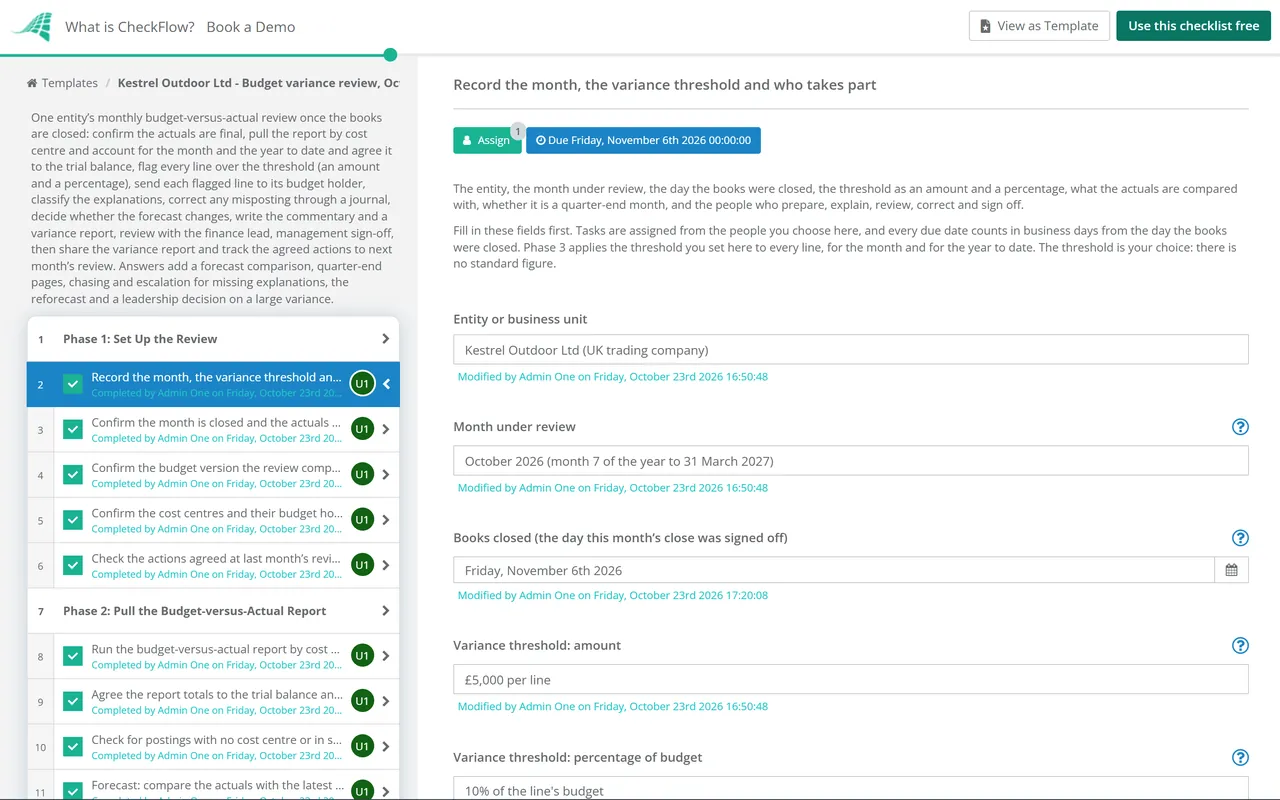 Live demo of the Budget Variance Review Checklist in CheckFlow