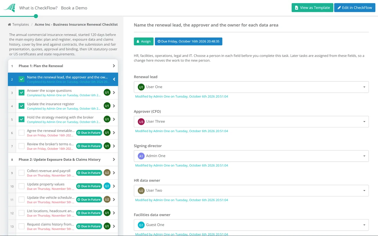 Live demo of the Business Insurance Renewal Checklist in CheckFlow