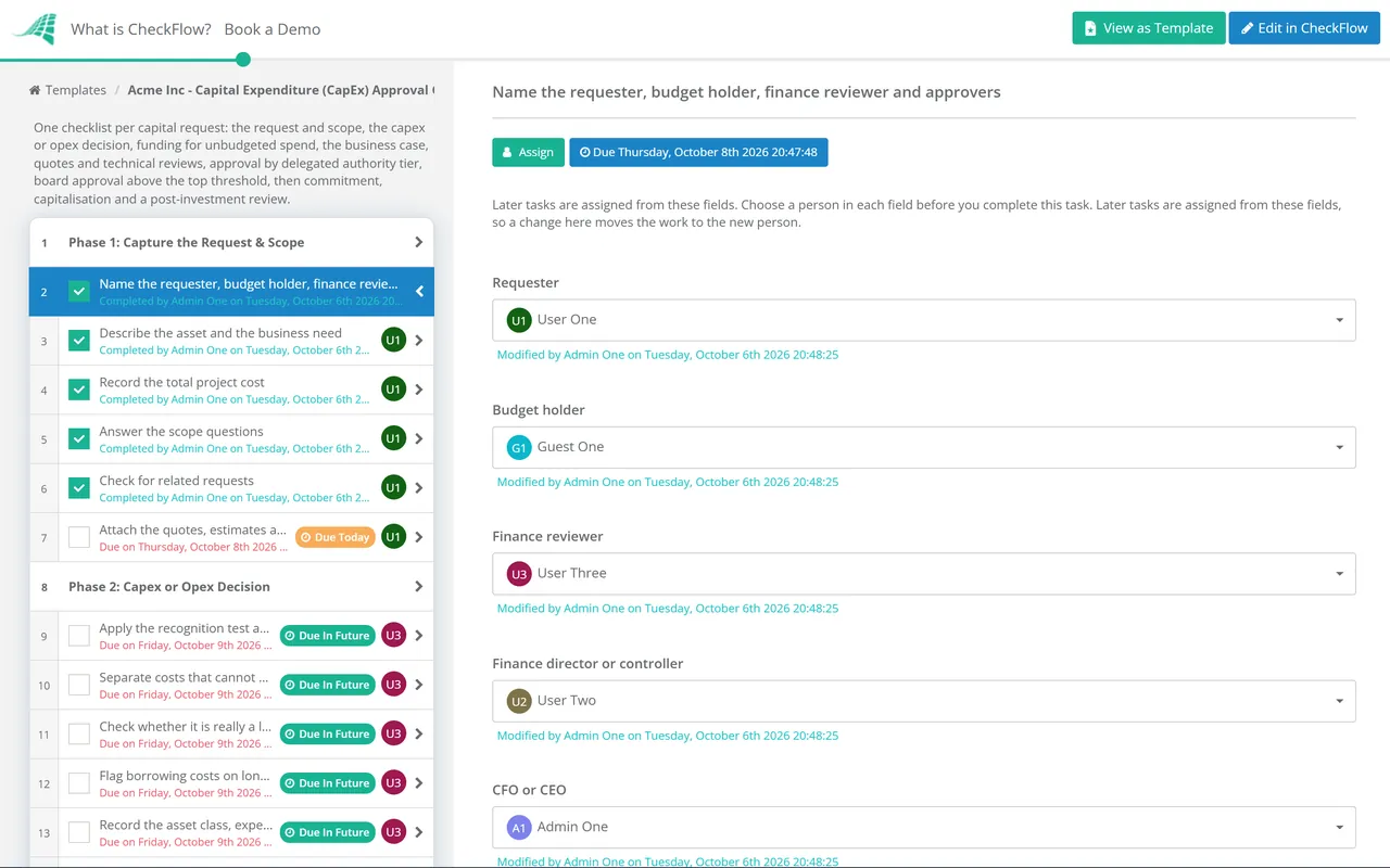Live demo of the Capital Expenditure (CapEx) Approval Checklist in CheckFlow