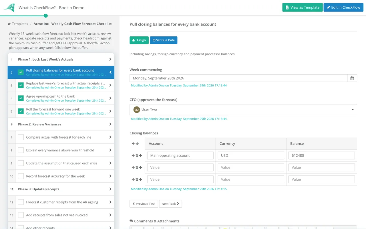 Live demo of the Weekly Cash Flow Forecast Checklist in CheckFlow