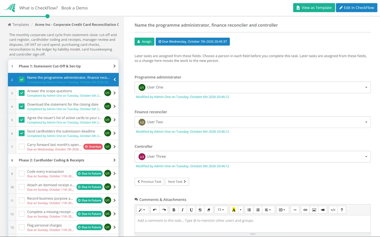 Live demo of the Corporate Credit Card Reconciliation Checklist in CheckFlow