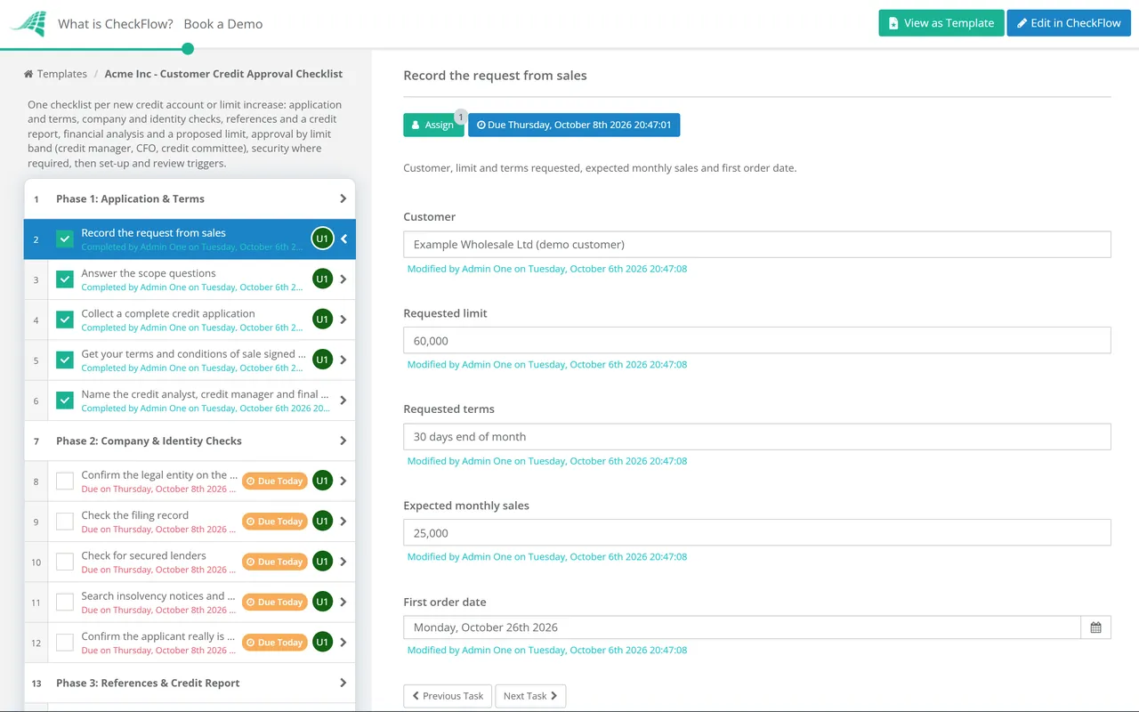 Live demo of the Customer Credit Approval Checklist in CheckFlow