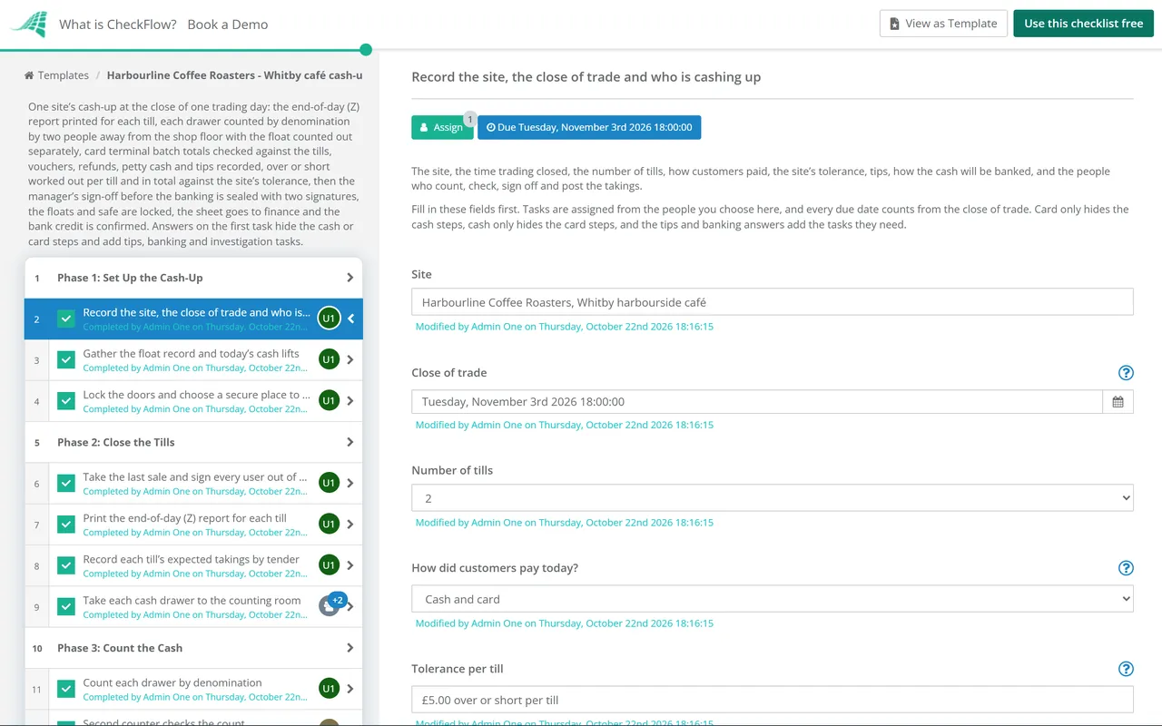 Live demo of the End-of-Day Cash-Up Checklist in CheckFlow