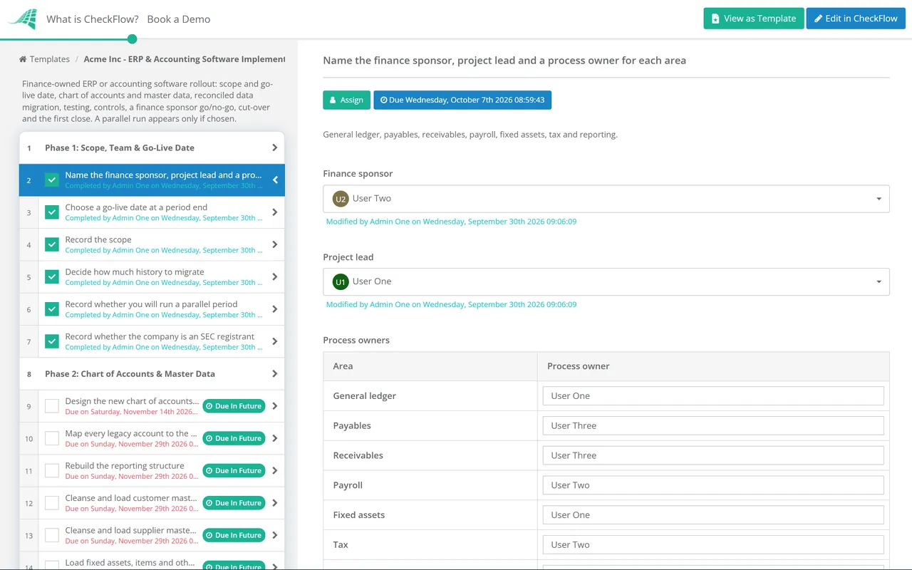 Live demo of the ERP & Accounting Software Implementation Checklist in CheckFlow