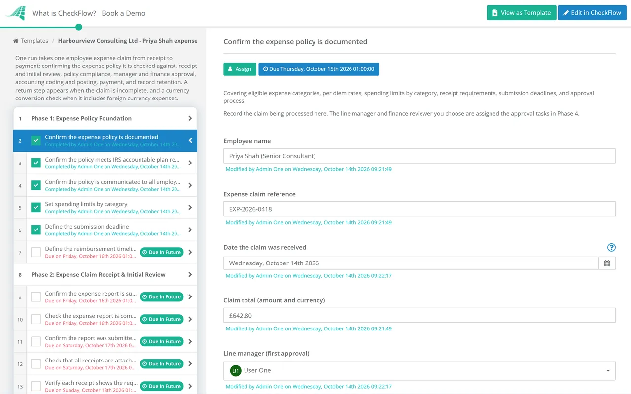 Live demo of the Expense Reimbursement Process Checklist in CheckFlow
