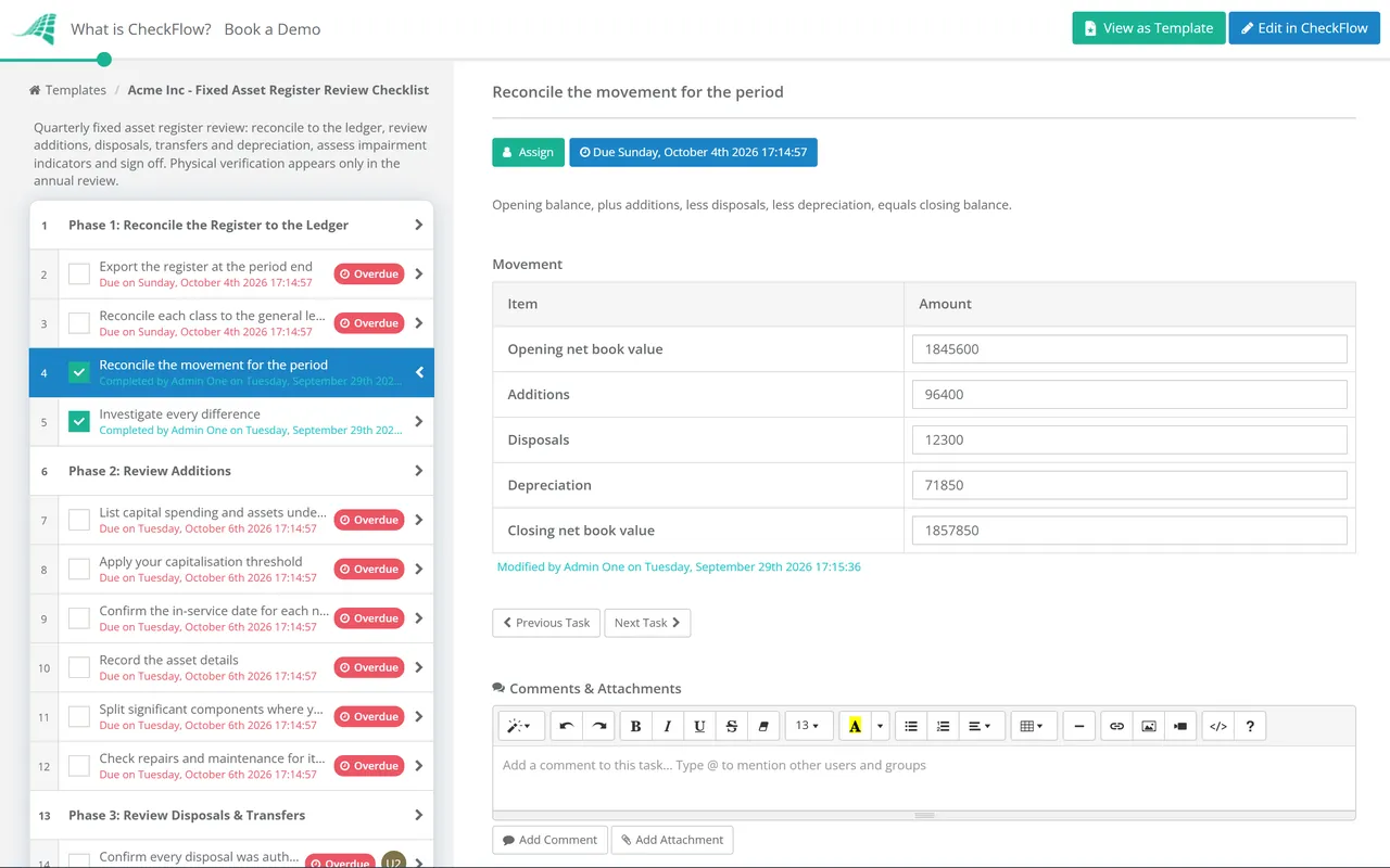 Live demo of the Fixed Asset Register Review Checklist in CheckFlow
