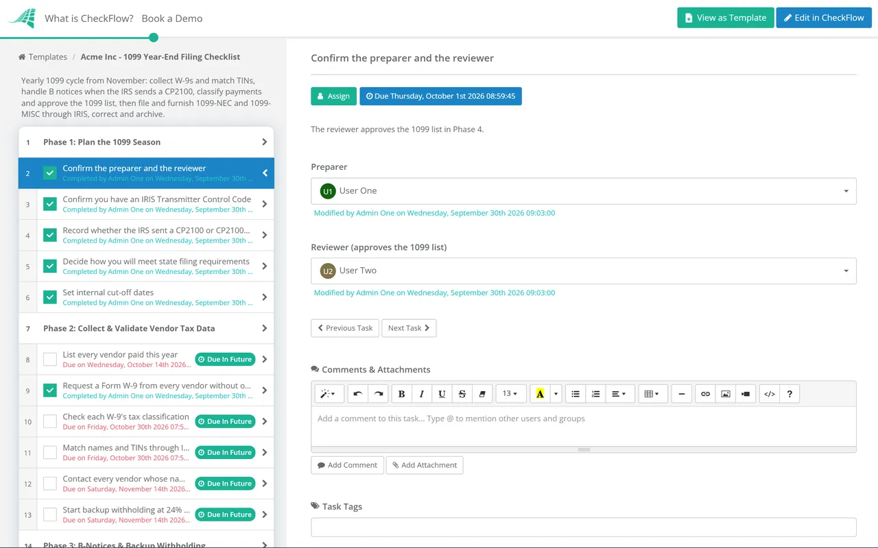 Live demo of the 1099 Year-End Filing Checklist in CheckFlow