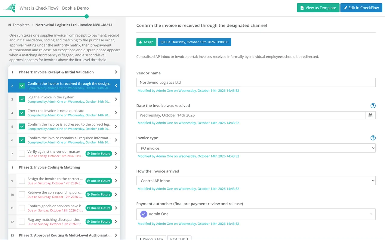Live demo of the Invoice Approval Workflow Checklist in CheckFlow