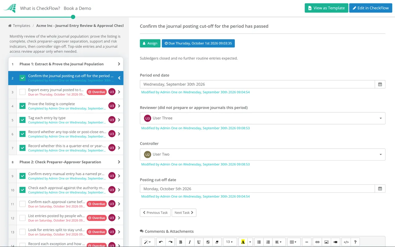 Live demo of the Journal Entry Review & Approval Checklist in CheckFlow