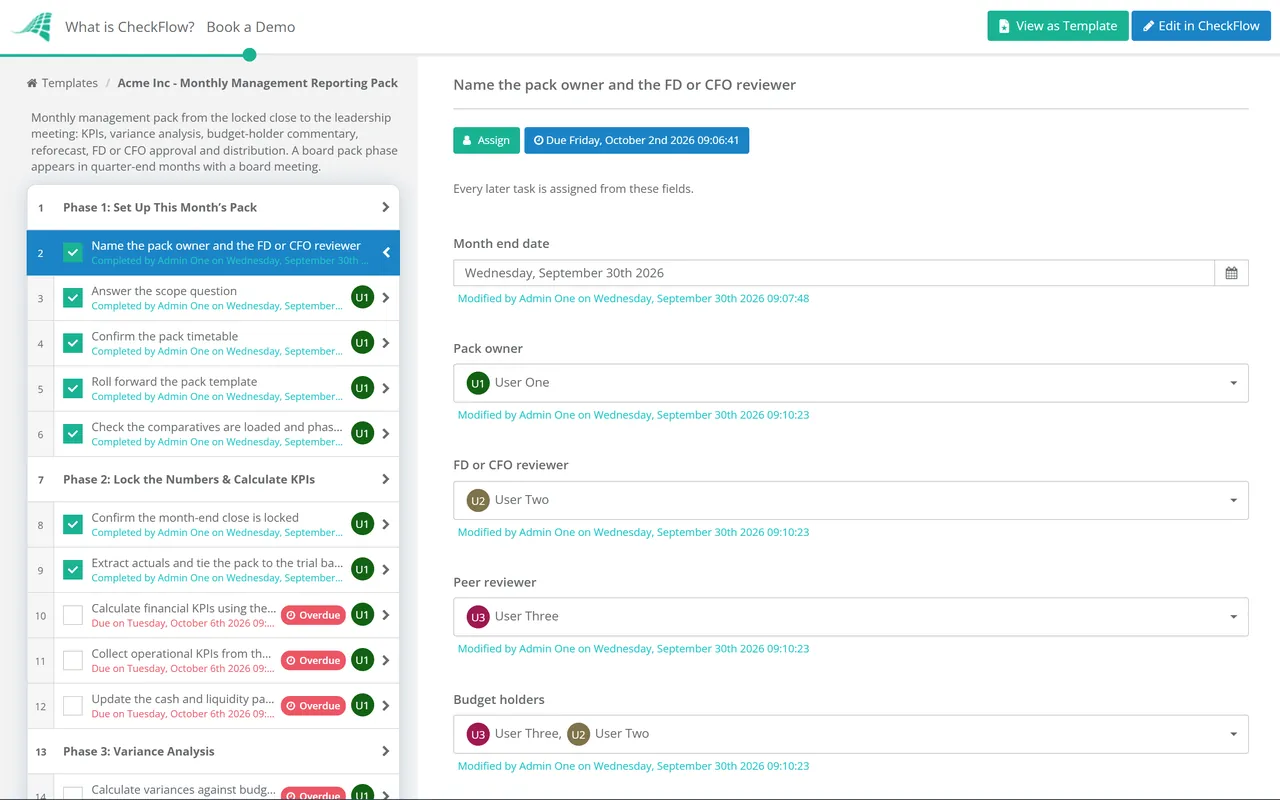 Live demo of the Monthly Management Reporting Pack Checklist in CheckFlow