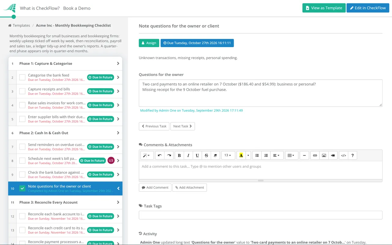 Live demo of the Monthly Bookkeeping Checklist in CheckFlow